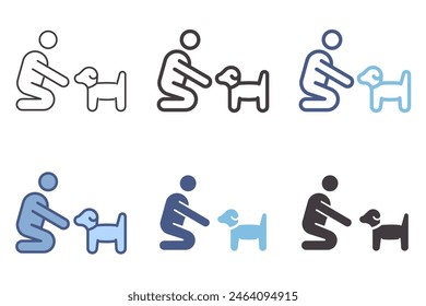 Person playing or teaching small dog or puppy icon. Vector graphic elements for dog education, adoption, animal care