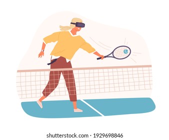 Person playing tennis in virtual reality using VR headset. Young woman in futuristic glasses or goggles. Colored flat cartoon vector illustration of sports game simulator isolated on white background