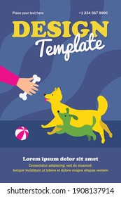 Person playing and training dogs outside. Toy, pet. Flat vector illustration. Dog handler concept can be used for presentations, banner, website design, landing web page