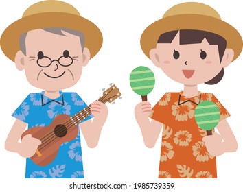 A person playing the ukulele wearing a tropical vacation aloha shirt

