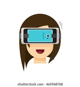 Person playing virtual reality glasses helmet via mobile phone vector illustration, flat cartoon hipster head with VR glasses device