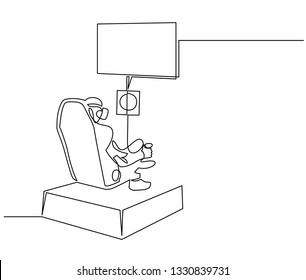 Person playing VR games continuous one line drawing. Back view of character in headset clipart. Virtual reality motion chair vector silhouette. Racing simulator illustration. Isolated design element