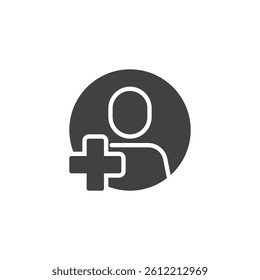 A person with a plus sign vector icon. filled flat sign for mobile concept and web design. Add Follower glyph icon. Following user symbol, logo illustration. Vector graphics
