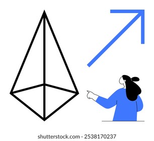 Person pointing at a 3D geometric shape with a large upward arrow. Ideal for business growth, progress illustrations, motivational designs, educational material, and geometric studies. Modern