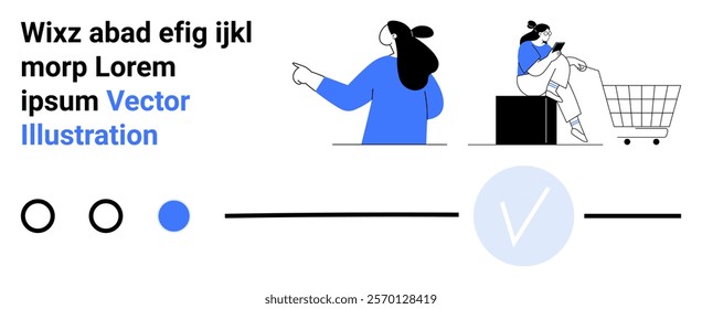 Person pointing, another looking at a smartphone beside a shopping cart in minimalist style. Ideal for e-commerce, online shopping, technology, communication, and digital marketing. Banner