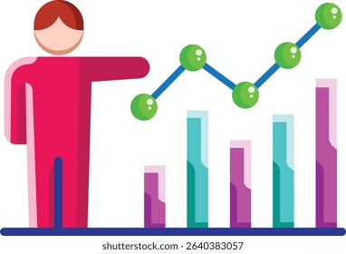  Person pointing at bar graph with upward trends vector icon flat style, representing success in the UK