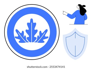 A person pointing, a blue oak leaf emblem inside a circle, and a light blue shield. Ideal for nature themes eco-friendly products educational topics security community and conservation. Minimalist