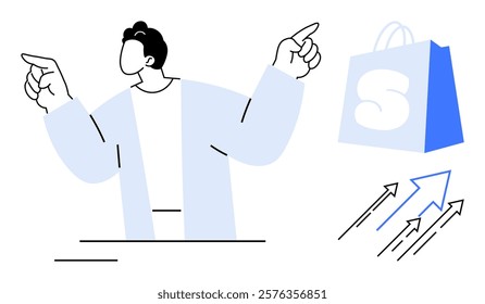 Person pointing with both hands blue and white shopping bag arrows pointing upwards Ideal for, online shopping retail business growth e-commerce success marketing digital sales trendy modern style