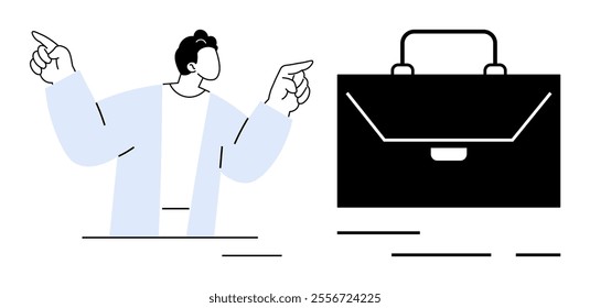 A person pointing with both hands stands next to a briefcase. Ideal for business presentations, employment, corporate themes, professional attire illustrations, office-related design, and career