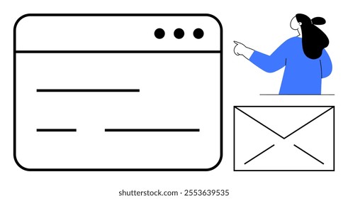 A person pointing at a browser window next to an envelope icon Ideal for email, marketing web design digital communication online newsletters user interface tutorials and business communications