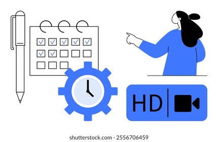 A person pointing, calendar with checkmarks, pen, clock gear, and HD video symbol in blue and black colors. Ideal for scheduling, productivity, online meetings, time management, organizational