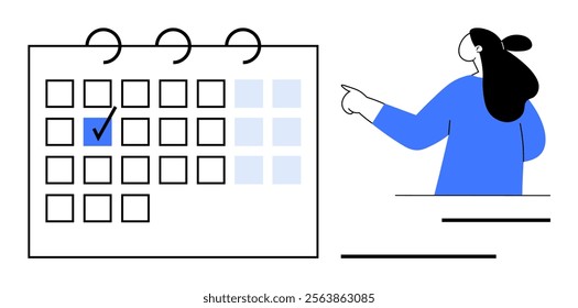 A person pointing at a calendar with a marked date. Ideal for time management, planning, organization, reminders, and scheduling. Modern minimalistic style