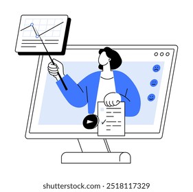 Persona que apunta a un gráfico en una pantalla, explicando los datos. Ideal para el aprendizaje en línea, seminarios web, análisis de datos, presentaciones virtuales, formación, recursos educativos. Vector sencillo y limpio.