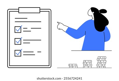 A person pointing at a clipboard with three checked boxes and stacks of coins below. Ideal for productivity, financial success, task management, goal setting, and organization. Minimalist vector