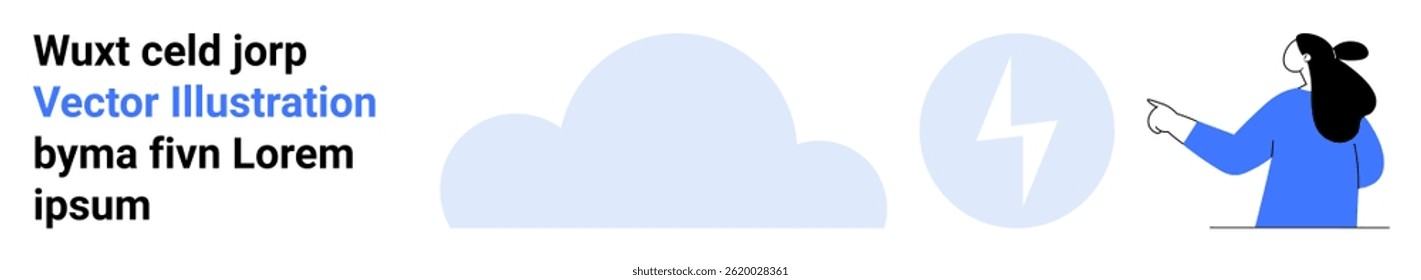Person pointing at a cloud with a lightning symbol. Ideal for tech companies, digital solutions, cloud computing, energy management, innovation, data analytics, and sustainability. Banner for landing