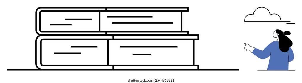 Uma pessoa apontando para uma nuvem está ao lado de uma pilha de quatro livros. Os livros são empilhados horizontalmente em pares. Ideal para educação, conceitos de biblioteca, aquisição de conhecimento, aprendizagem e temas acadêmicos