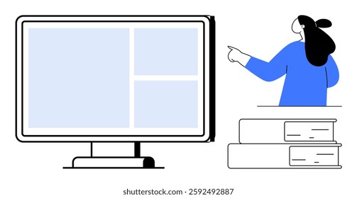 Person pointing at a computer screen with books stacked, indicating e-learning. Ideal for education, online courses, digital learning, e-books, remote teaching. Minimalist vector art, blue tones