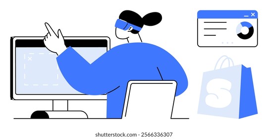 Person pointing at computer screen with data visualization. Includes data chart and shopping bag. Ideal for e-commerce, data analysis, online shopping, technology, business. Minimalist, modern style