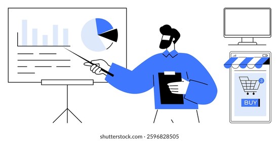 Person pointing at data chart with graphs. Digital display showing shopping cart icon with a buy button. Ideal for business analytics, online shopping, data presentation, e-commerce, modern