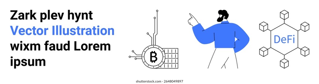 Person pointing at DeFi network, Bitcoin blockchain symbol, and tech connections. Ideal for blockchain education, financial tech, web design, tech blogs, business presentations, marketing material