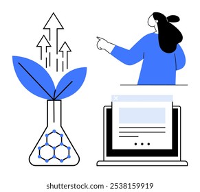 Person pointing at a diagram featuring a plant in a flask, indicating growth, and a computer display. Ideal for renewable energy, scientific research, eco-friendly technology, digital communication