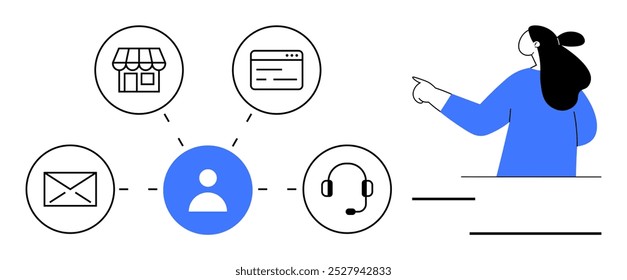 Person pointing at different communication and service icons including email, storefront, web page, and call center. Ideal for customer service, online business, communication, technology