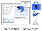 A person pointing at a digital dashboard with charts and documents alongside a large padlock icon. Ideal for data security, analytics, information protection, technology, and business presentations