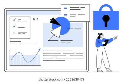 A person pointing at a digital dashboard with charts and documents alongside a large padlock icon. Ideal for data security, analytics, information protection, technology, and business presentations