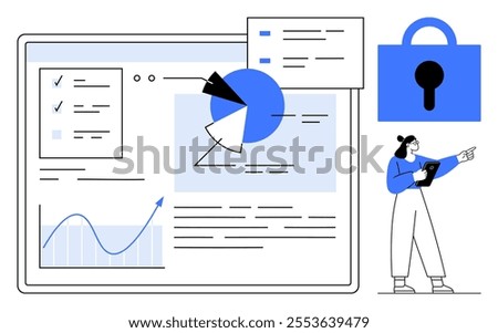 A person pointing at a digital dashboard with charts and documents alongside a large padlock icon. Ideal for data security, analytics, information protection, technology, and business presentations