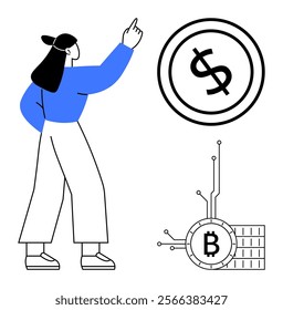 Person pointing at dollar symbol and Bitcoin circuit. Ideal for finance, cryptocurrency, digital economy, blockchain, investment themes. Simple lines with blue, black, white colors, modern style