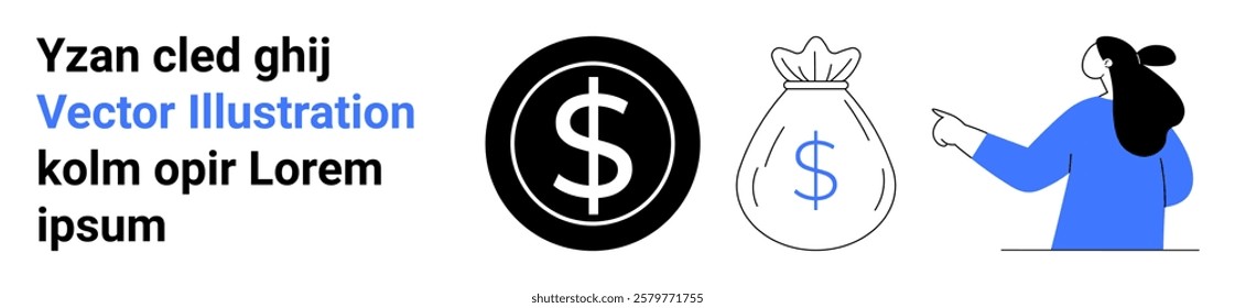 A person pointing, dollar symbol in a black circle, and money bag. Ideal for financial education, investment advice, banking services, economic analysis, and savings plans. Banner for landing page