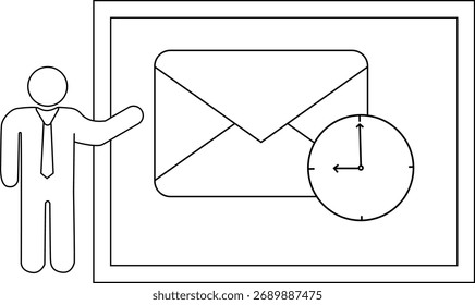 Uma pessoa apontando para um relógio de envelope em uma imagem com quadro desenhada no estilo de estrutura de tópicos