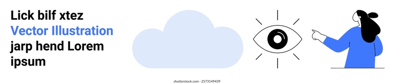 Person pointing at an eye with a cloud beside. Ideal for technology, vision, cloud computing, data security and digital themes. Banner for landing page