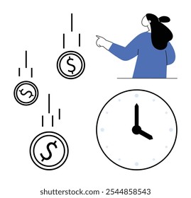 A person pointing at falling dollar coins and a clock. Ideal for financial planning, time management, investment strategies, cost-saving techniques, and business efficiency concepts. Simple modern
