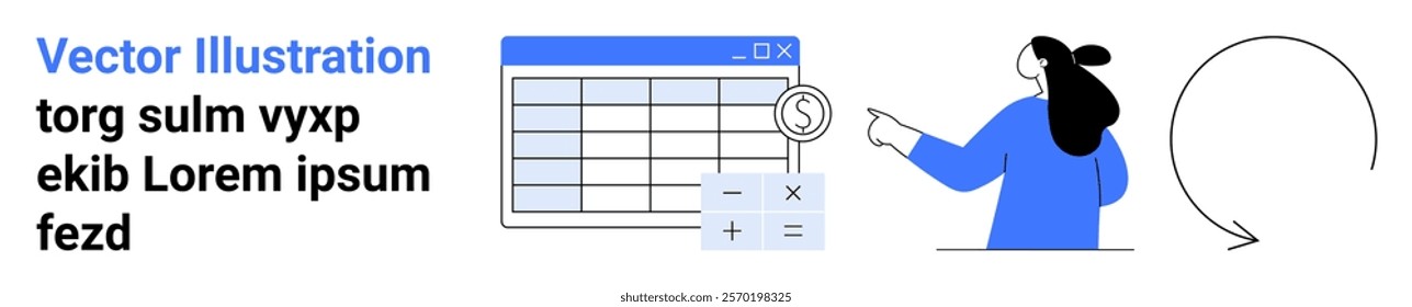 Person pointing to financial data on a spreadsheet with magnifying glass and calculator symbols. Ideal for finance, accounting, data analysis, budgeting, business management, and financial education