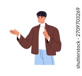 Person is pointing finger up, explains, presenting. Young man is hand gesturing, shows direction. Character is warning, asks to pay attention. Flat isolated vector illustration on white background