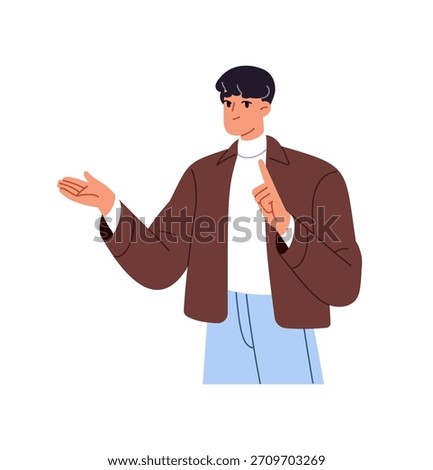 Person is pointing finger up, explains, presenting. Young man is hand gesturing, shows direction. Character is warning, asks to pay attention. Flat isolated vector illustration on white background
