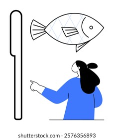 Person pointing at floating fish next to a tall, rectangular object. Ideal for education, communication, technology, modern design, and user interface design. Clean lines style