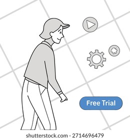 Person Pointing at Free Trial Button with Play and Gear Icons Keywords: person, woman, pointing, finger, free trial, button, play button, gear
