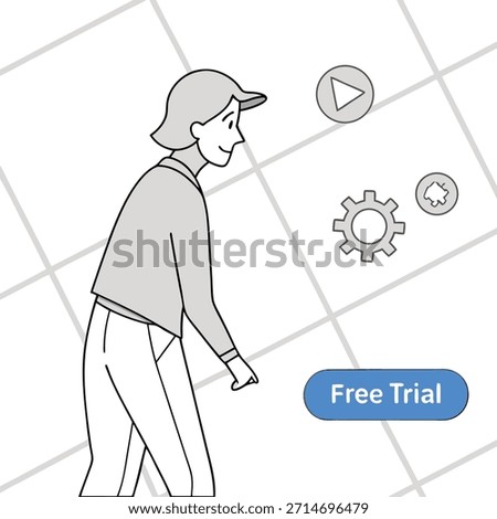 Person Pointing at Free Trial Button with Play and Gear Icons Keywords: person, woman, pointing, finger, free trial, button, play button, gear