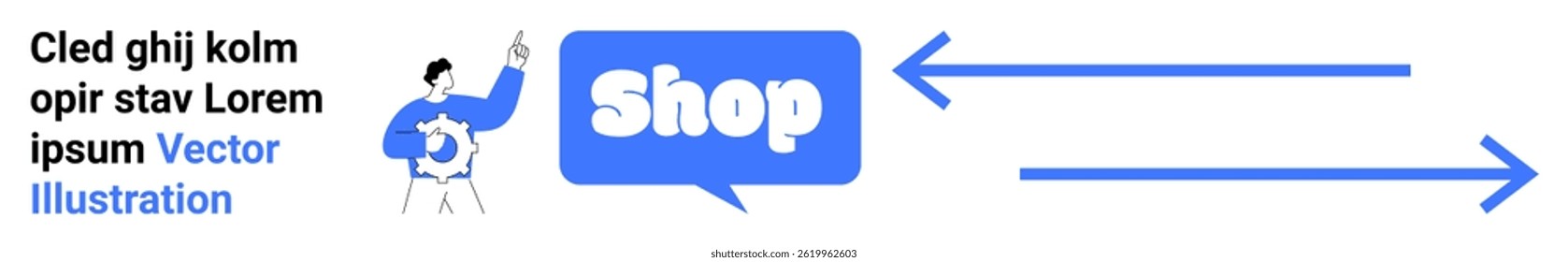 A person with a pointing gesture, accompanied by a speech bubble with the word Shop and two directional arrows. Ideal for online stores, e-commerce websites, digital marketing, call to action