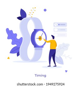 Person pointing at giant wristwatch. Concept of timing, time management, effective work planning, organization of business tasks, scheduling. Modern flat colorful vector illustration for poster.