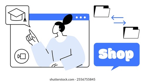 Person pointing at graduation cap icon on a web page. Two folders with bidirectional arrows indicate file sharing. A speech bubble with the word Shop. Ideal for online learning, e-commerce, digital