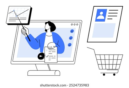 Person pointing at a graph on a computer screen holding a clipboard. Nearby, a shopping cart and an online profile are visible. Ideal for online education, e-commerce, webinars, digital marketing