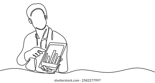 Person pointing at a graph on a tablet in continuous one line drawing. Represents data analysis, strategy, or business planning. Vector illustration hand drawn.