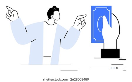 Person pointing at hand holding money representing a transaction. Ideal for finance, business, digital payments, e-commerce, banking, investments, marketing. Line metaphor