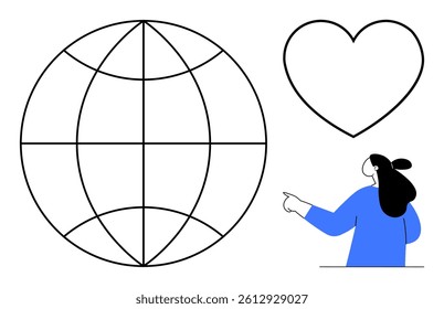 Person pointing to heart symbol sitting near a globe outline, representing global connection. Ideal for themes global love, human compassion, world unity, international relationships, social