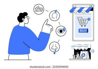 Person pointing at icons of hand, head, eye, and nose. Nearby, a phone with a shopping cart and pharmacy symbols. Ideal for online shopping, user experience, sensory perception, pharmacy services