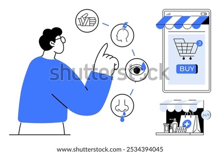 Person pointing at icons of hand, head, eye, and nose. Nearby, a phone with a shopping cart and pharmacy symbols. Ideal for online shopping, user experience, sensory perception, pharmacy services