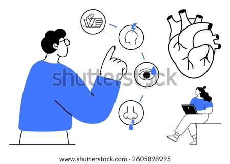 Person pointing at icons representing human senses touch, taste, smell, sight, and hearing. Another individual works on laptop near large heart illustration. Ideal for education, healthcare, anatomy
